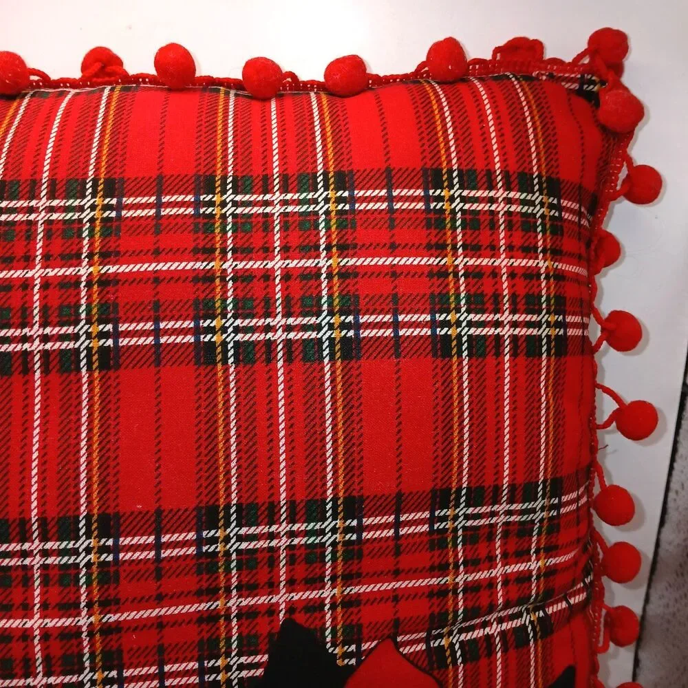 Scottie Dog Decorative Accent Throw Pillow Red Black Plaid PomPom Fringe 12x11